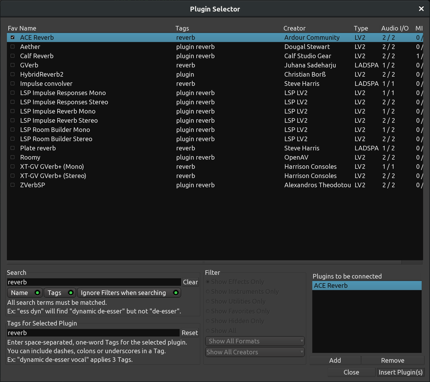 Selecting ACE Reverb